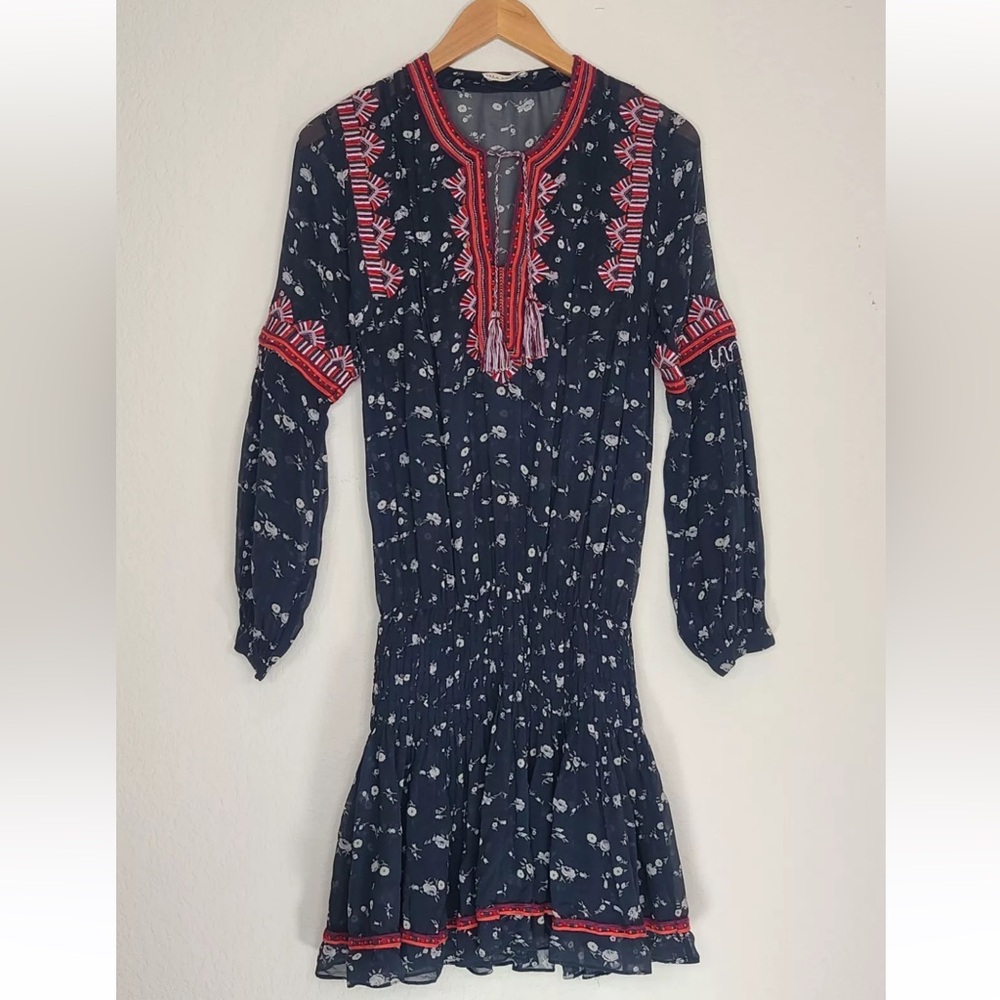 Ulla Johnson Gita 100% Silk Mini Dress Smocked Drop Waist Midnight Size 0 Womens